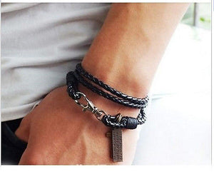 New Fashion PU Leather Rope Bracelet Cross Punk Brown 7 Black Leather