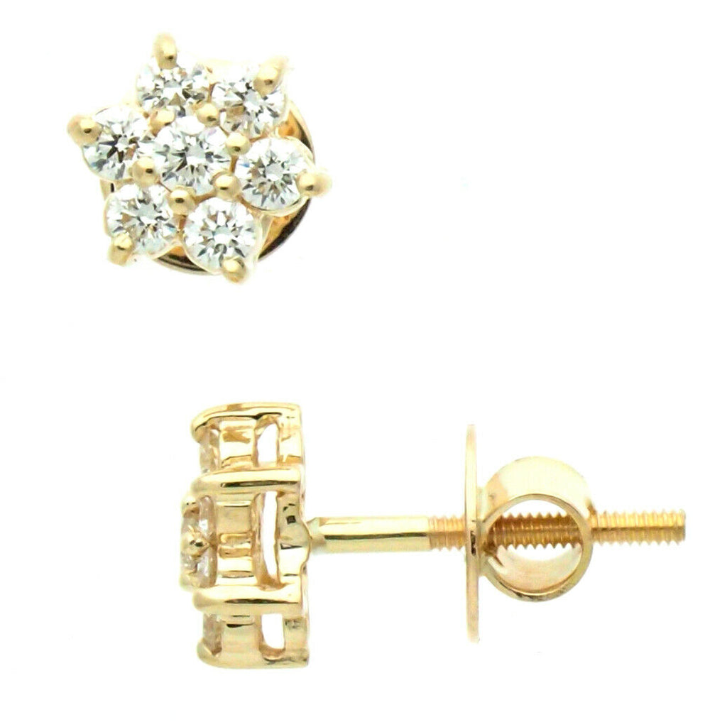 18K Yellow Gold Round Diamond Flower Earrings FG VS 0.60 Ct Screw Backs