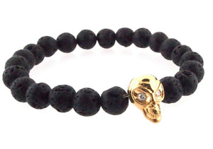 Beaded 8MM Lava Stone Bead 14k Solid Gold  Diamond Color Skull Elastic Bracelet