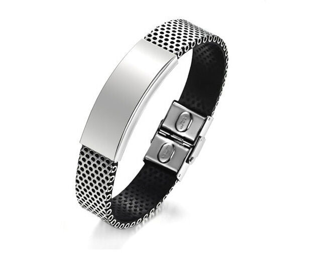 New Fashion Jewelry Stainless Steel PU Leather Bracelet Men Silver