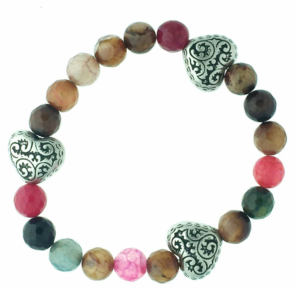 New Beaded Multi Color Agate Beads And Heart Valentine Bracelet Great As Gift